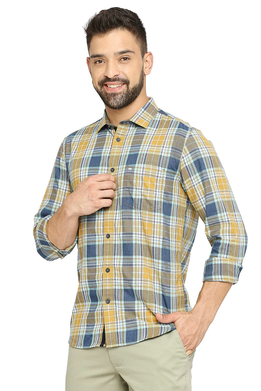 BASICS SLIM FIT DEEP SEA TEAL COTTON POLYESTER TWILL CHECKS SHIRT