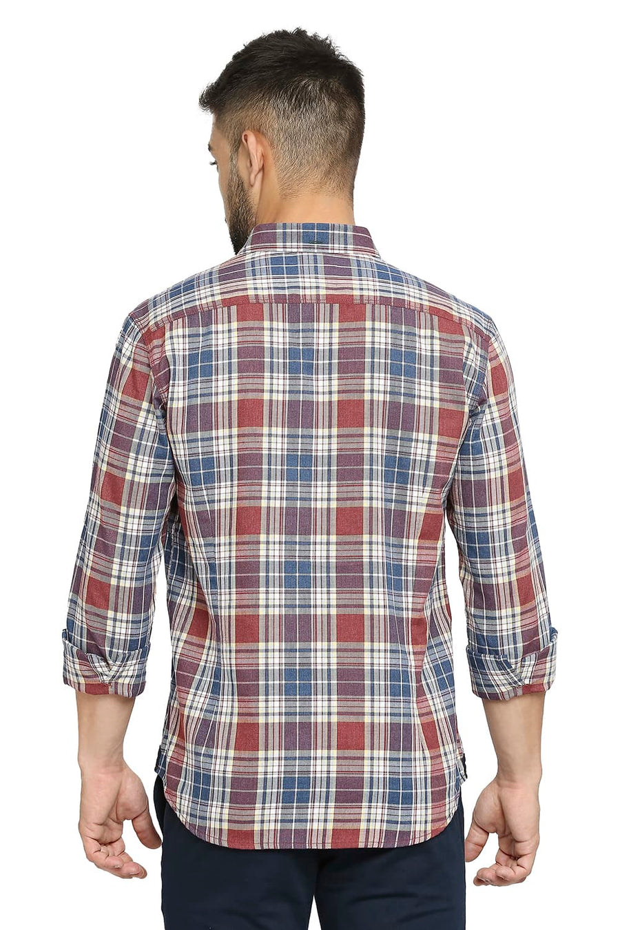 BASICS SLIM FIT BERRY RED COTTON POLYESTER TWILL CHECKS SHIRT