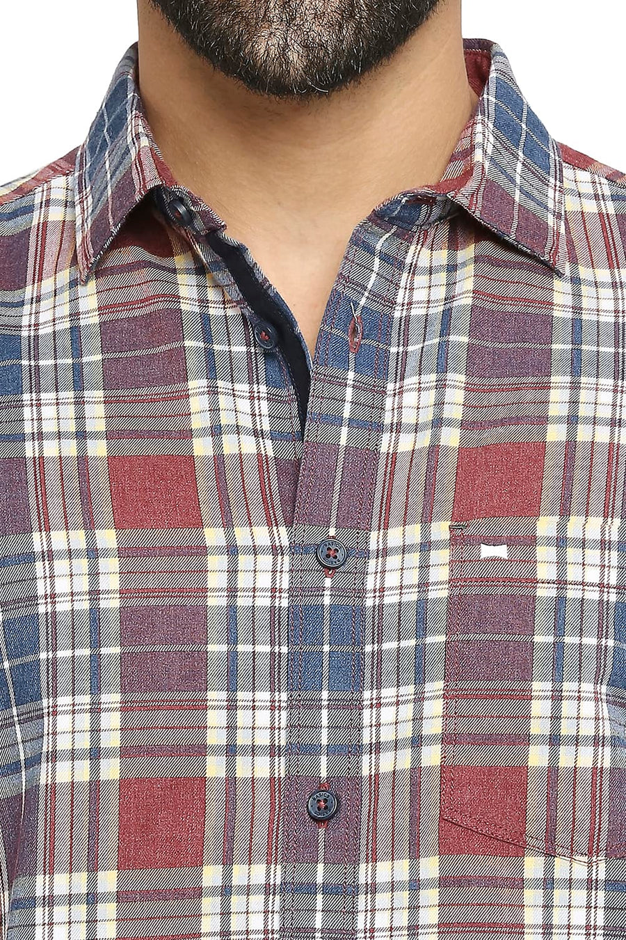 BASICS SLIM FIT BERRY RED COTTON POLYESTER TWILL CHECKS SHIRT
