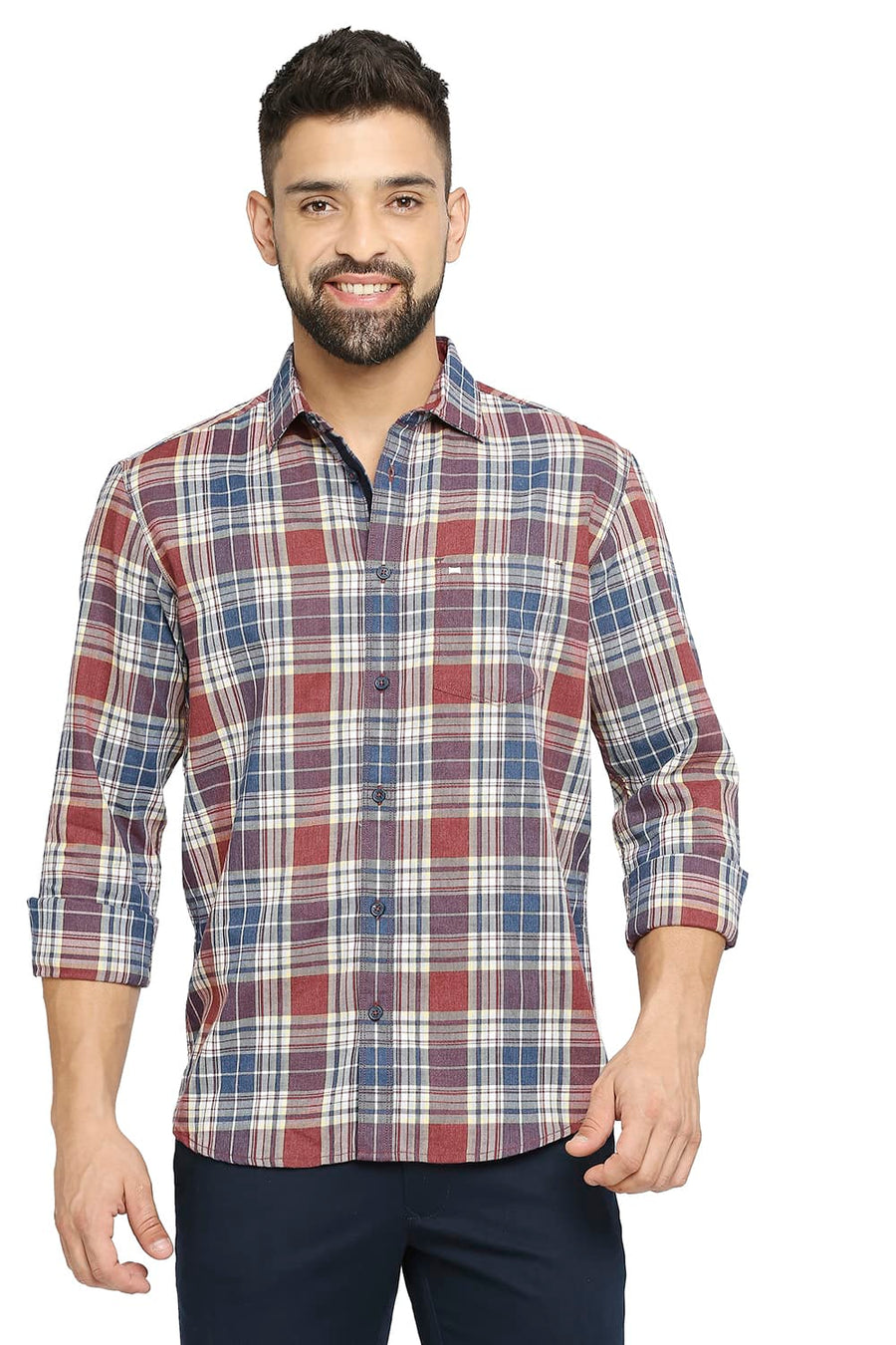 BASICS SLIM FIT BERRY RED COTTON POLYESTER TWILL CHECKS SHIRT