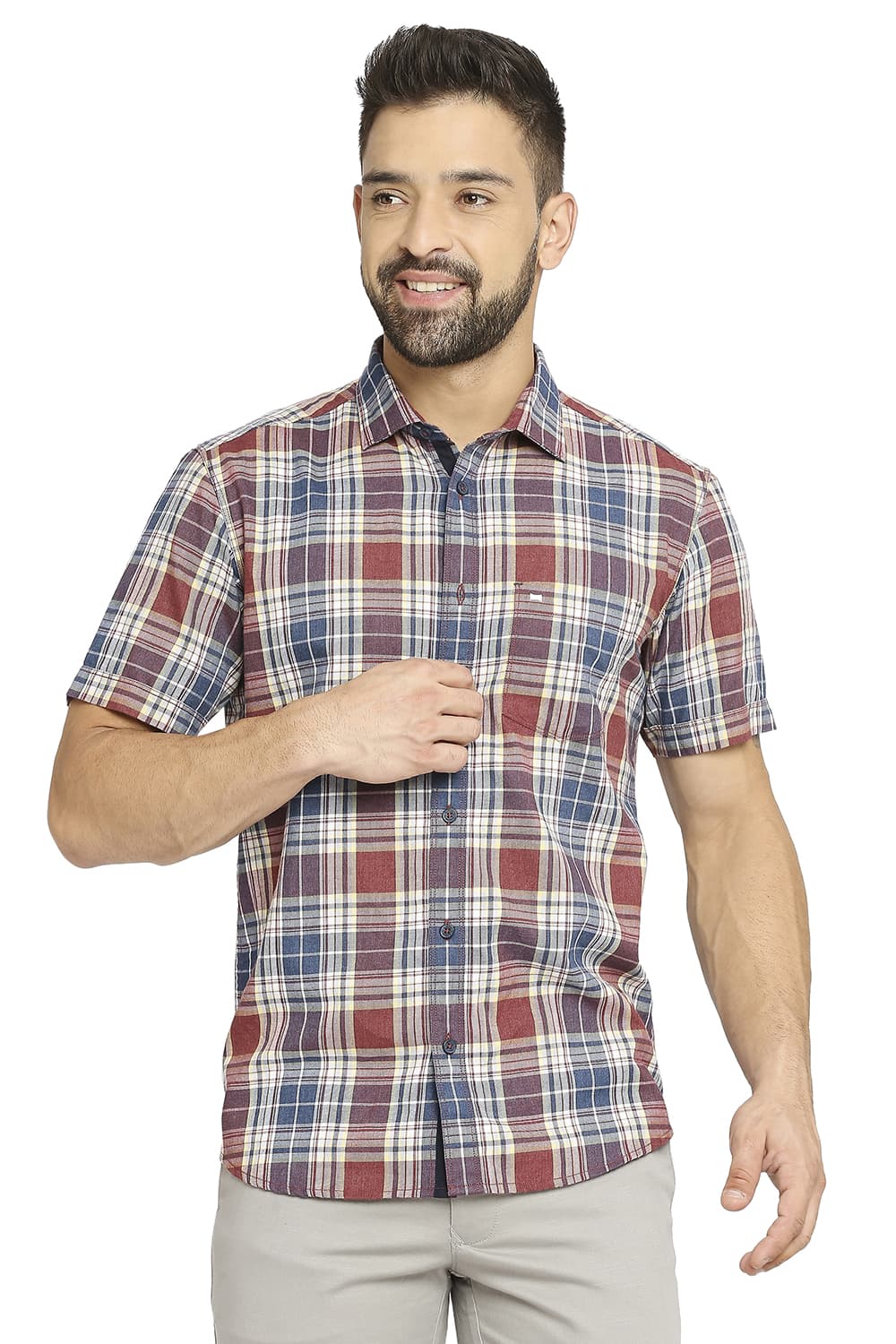 BASICS SLIM FIT COTTON POLYESTER TWILL CHECKS HALFSLEEVES SHIRT