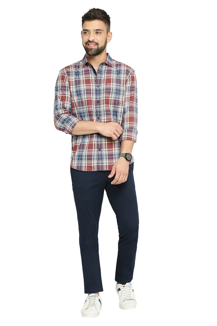 BASICS SLIM FIT BERRY RED COTTON POLYESTER TWILL CHECKS SHIRT