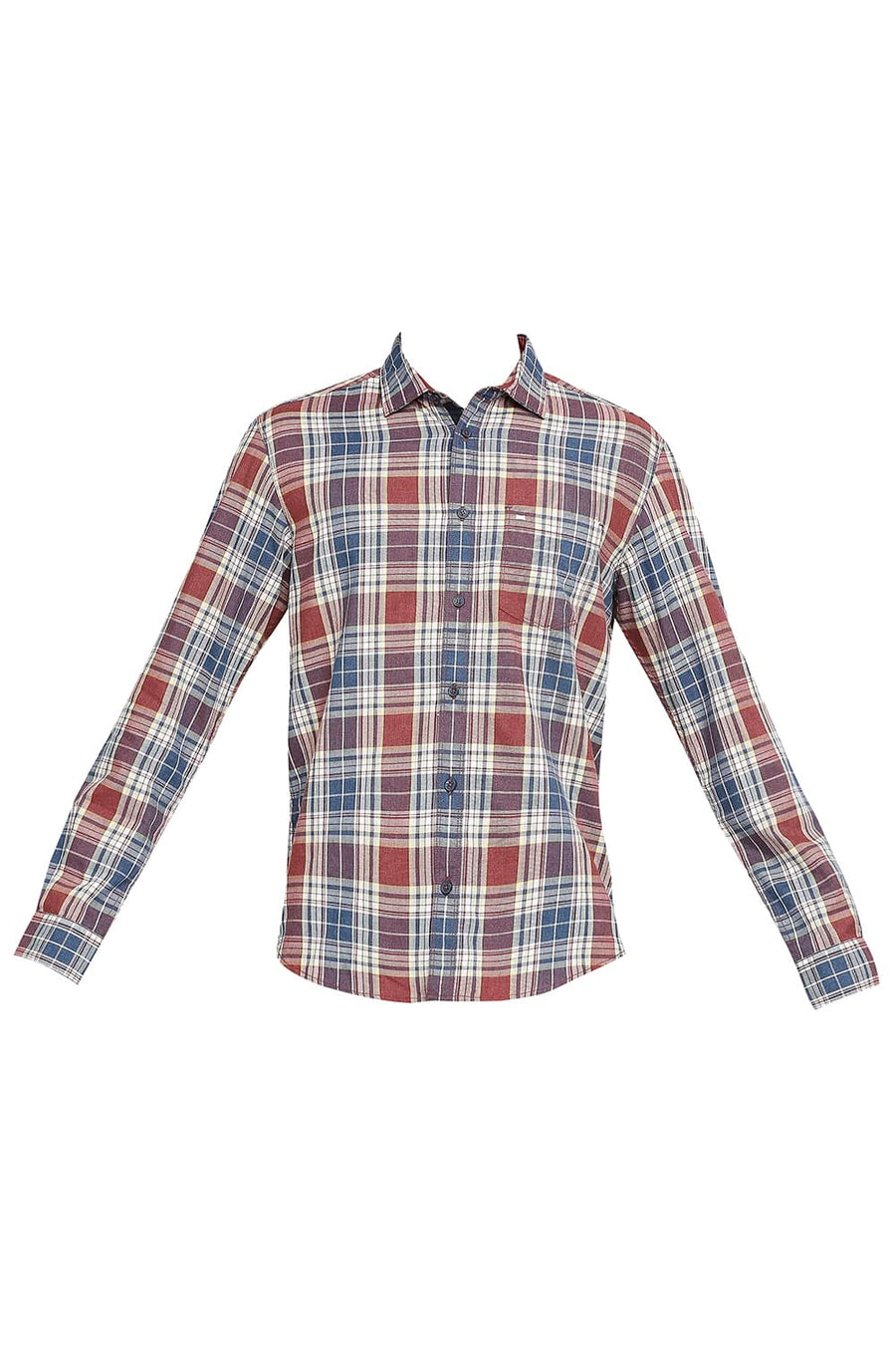 BASICS SLIM FIT BERRY RED COTTON POLYESTER TWILL CHECKS SHIRT