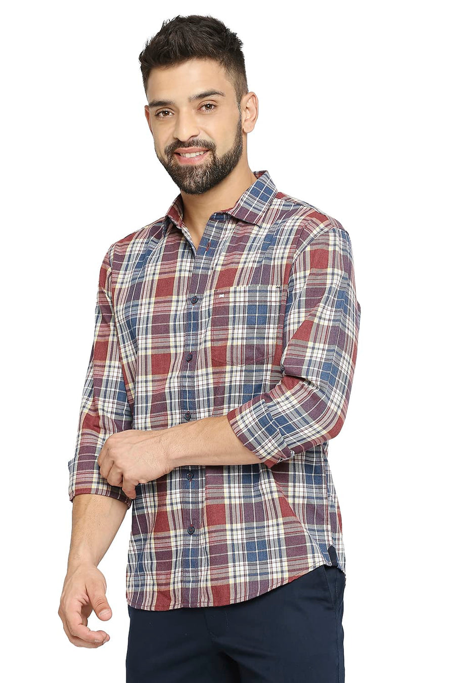 BASICS SLIM FIT BERRY RED COTTON POLYESTER TWILL CHECKS SHIRT