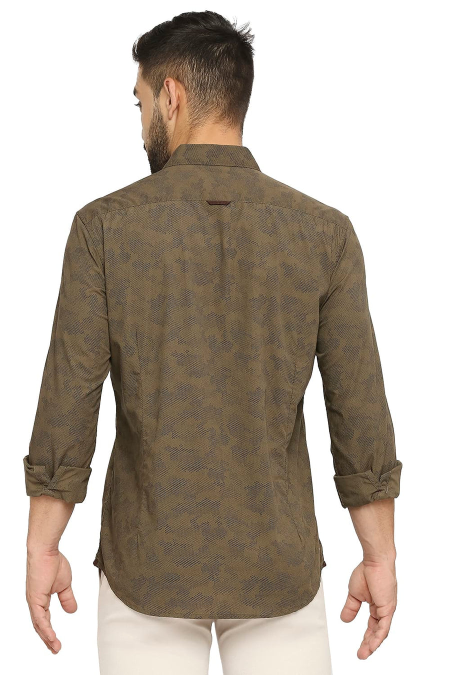 BASICS SLIM FIT BURNT OLIVE COTTON POPLIN PRINTED SHIRT