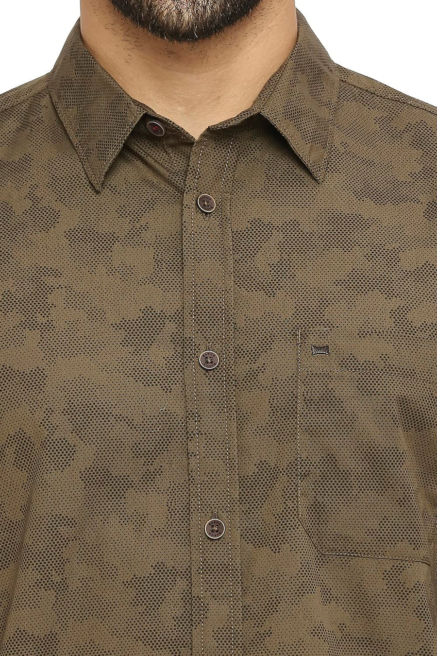 BASICS SLIM FIT BURNT OLIVE COTTON POPLIN PRINTED SHIRT