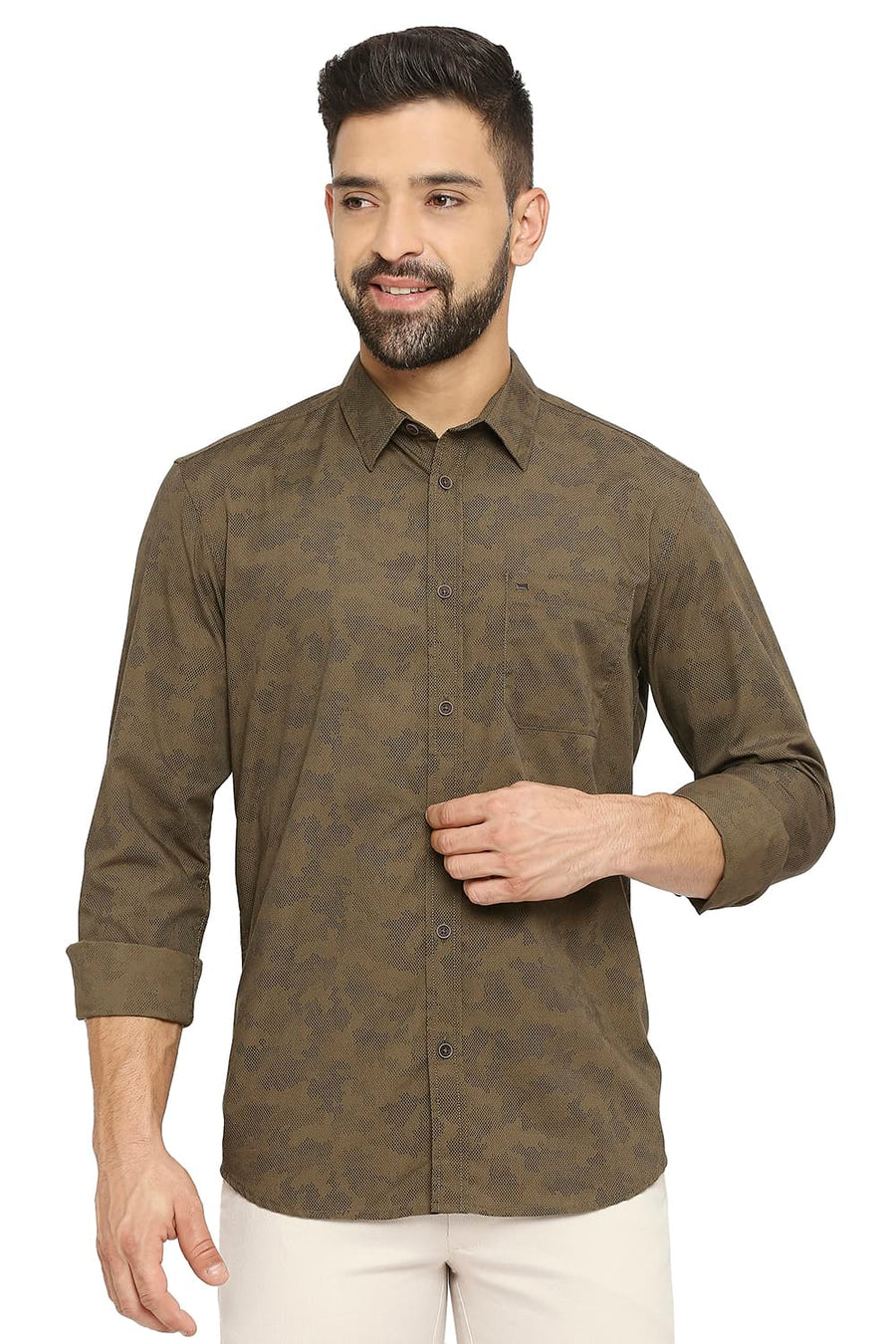 BASICS SLIM FIT BURNT OLIVE COTTON POPLIN PRINTED SHIRT
