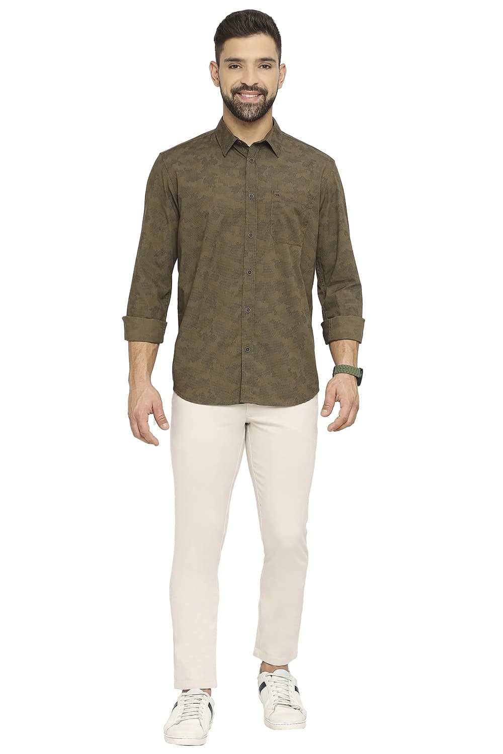 BASICS SLIM FIT COTTON POPLIN PRINTED SHIRT