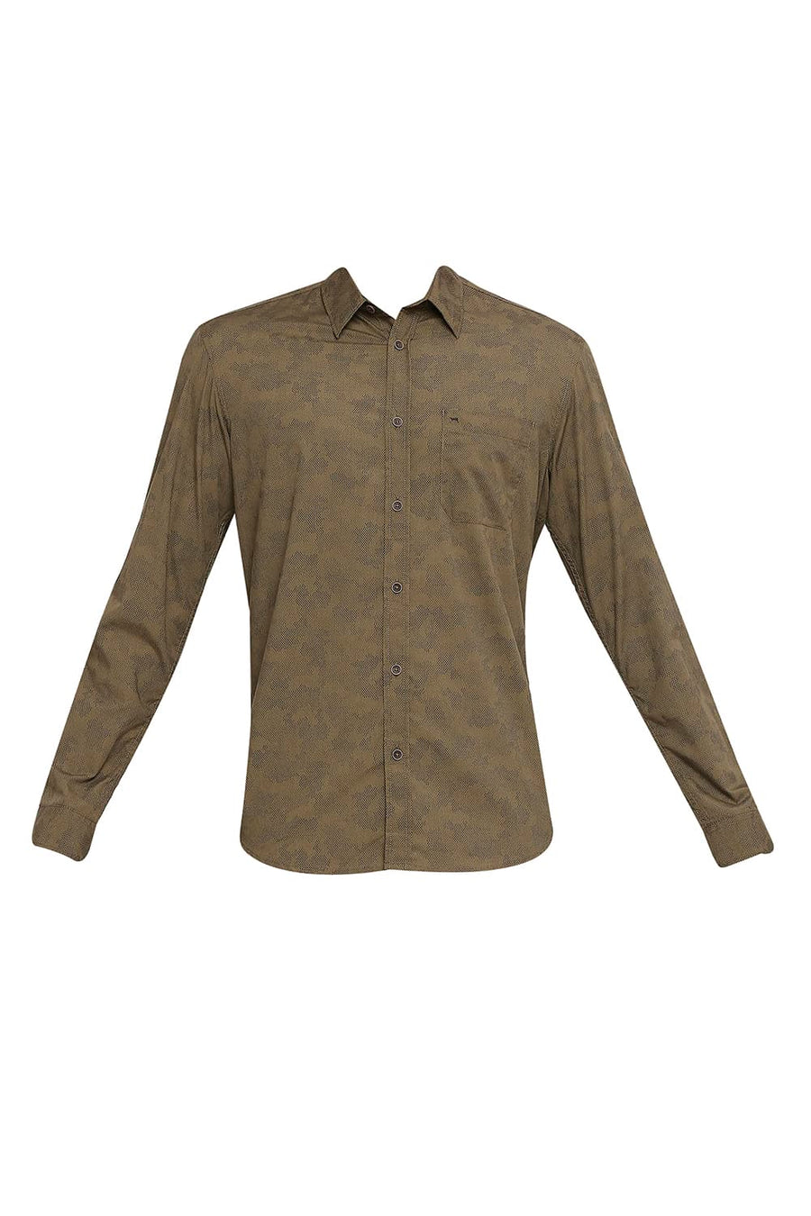 BASICS SLIM FIT BURNT OLIVE COTTON POPLIN PRINTED SHIRT