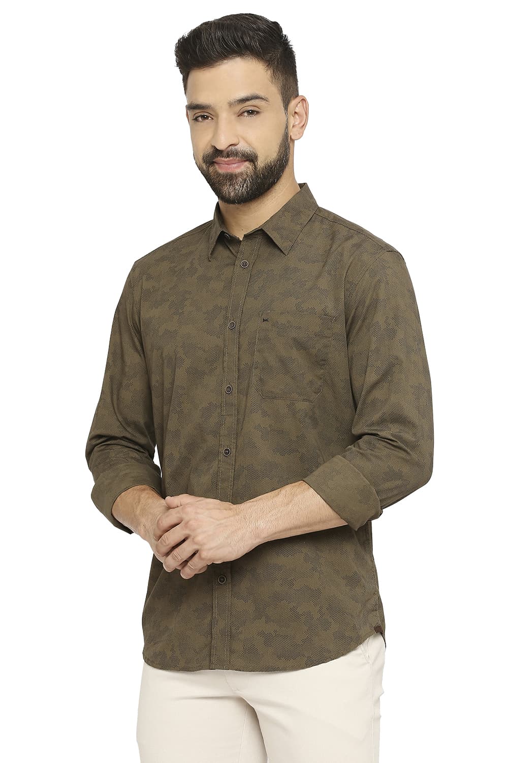 BASICS SLIM FIT COTTON POPLIN PRINTED SHIRT