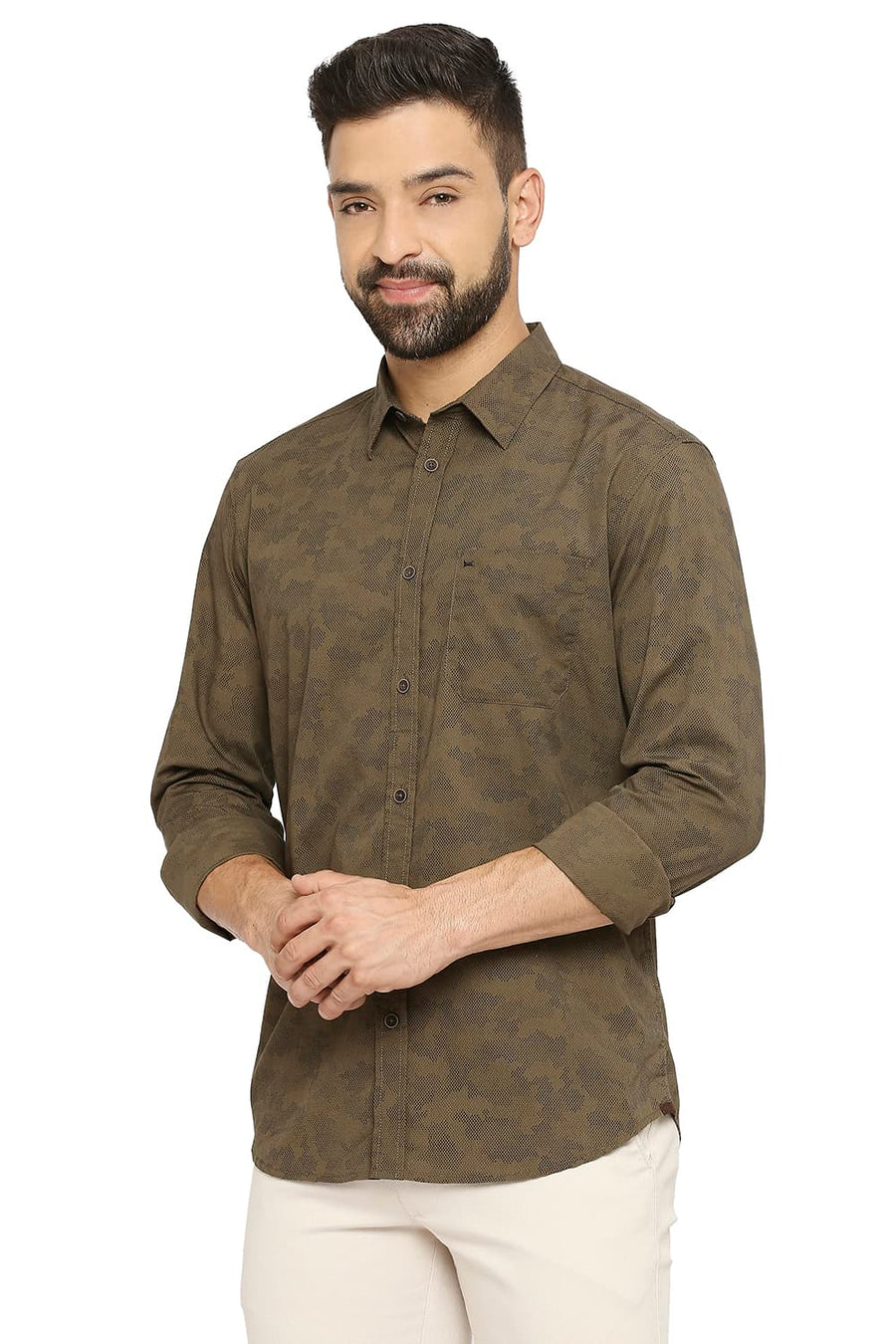 BASICS SLIM FIT BURNT OLIVE COTTON POPLIN PRINTED SHIRT