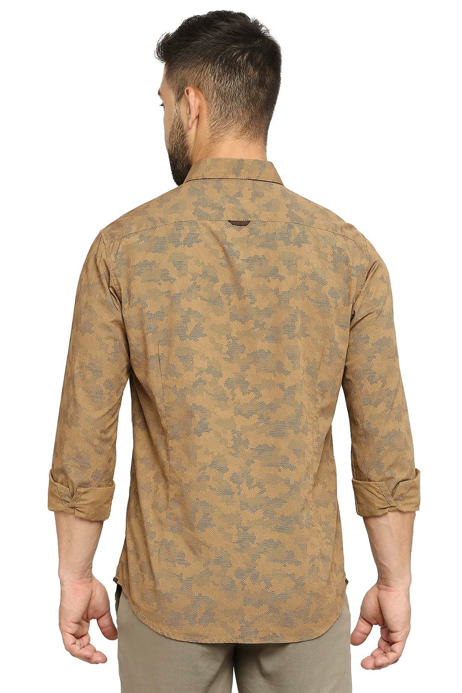 BASICS SLIM FIT TOBACCO KHAKI COTTON POPLIN PRINTED SHIRT