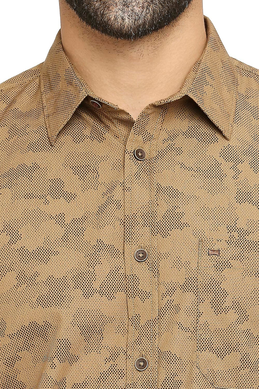 BASICS SLIM FIT TOBACCO KHAKI COTTON POPLIN PRINTED SHIRT