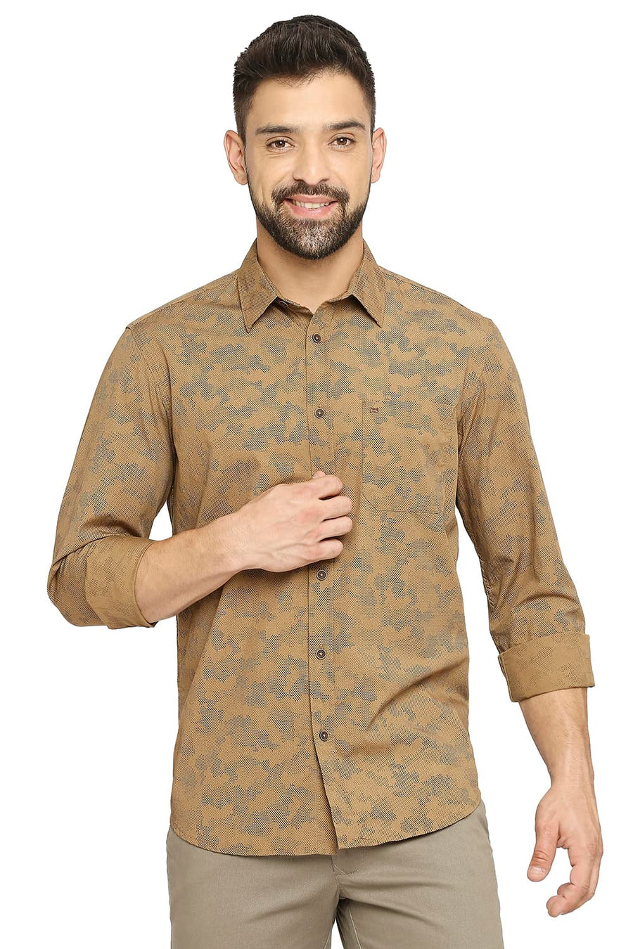 BASICS SLIM FIT TOBACCO KHAKI COTTON POPLIN PRINTED SHIRT