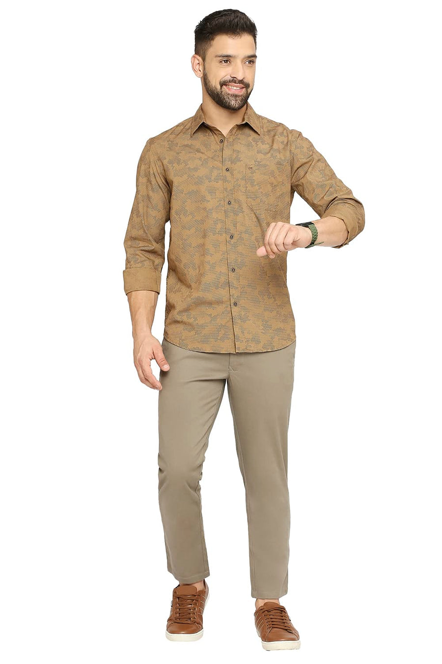 BASICS SLIM FIT TOBACCO KHAKI COTTON POPLIN PRINTED SHIRT