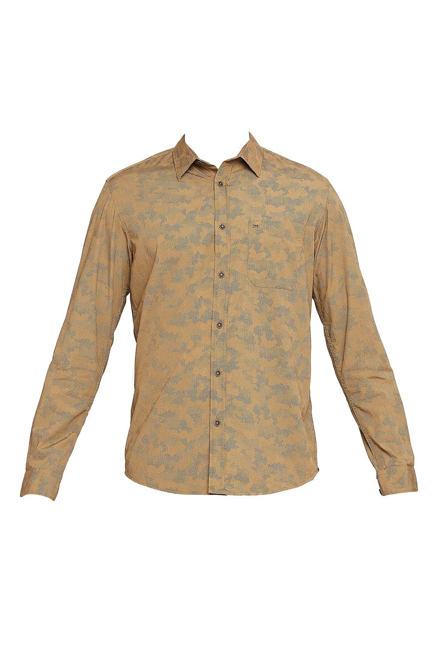 BASICS SLIM FIT TOBACCO KHAKI COTTON POPLIN PRINTED SHIRT