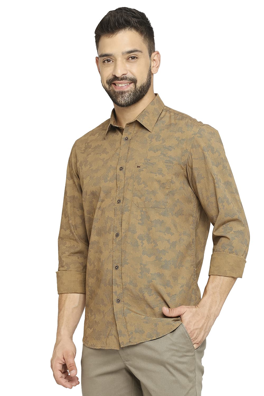 BASICS SLIM FIT COTTON POPLIN PRINTED SHIRT