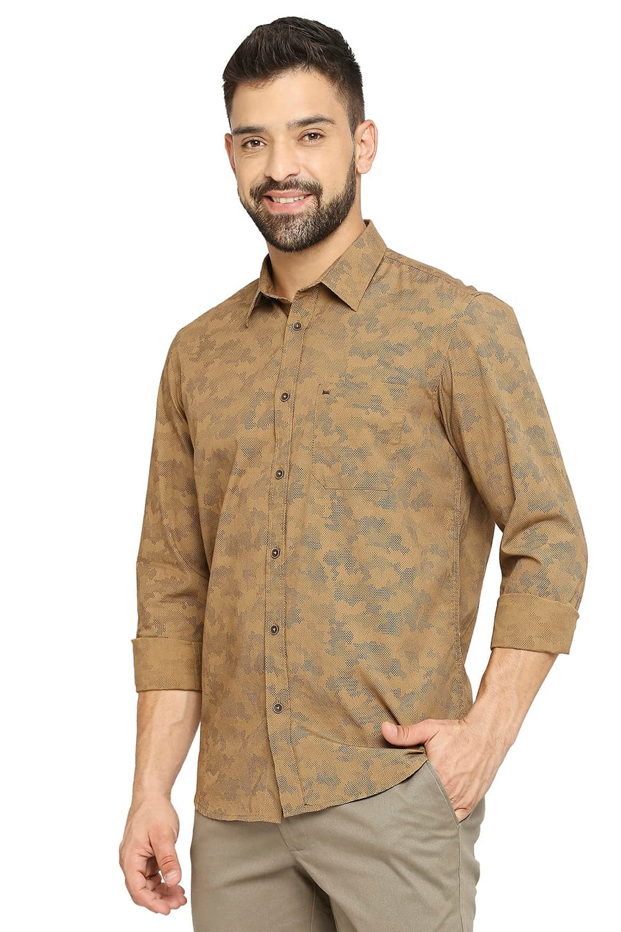 BASICS SLIM FIT TOBACCO KHAKI COTTON POPLIN PRINTED SHIRT