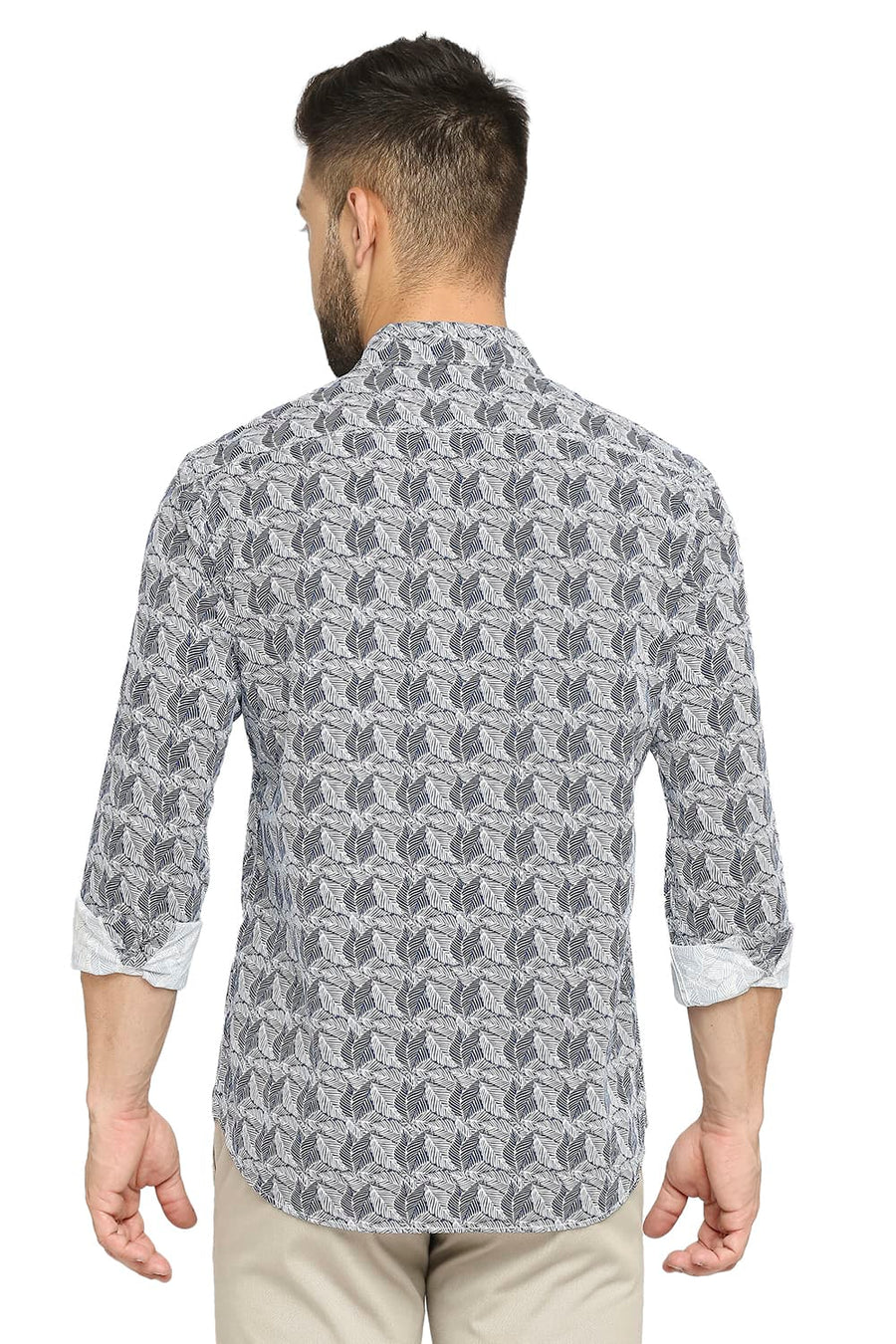 BASICS SLIM FIT INDIAN INK NAVY COTTON POPLIN PRINTED SHIRT