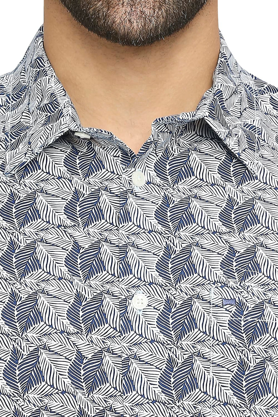 BASICS SLIM FIT INDIAN INK NAVY COTTON POPLIN PRINTED SHIRT
