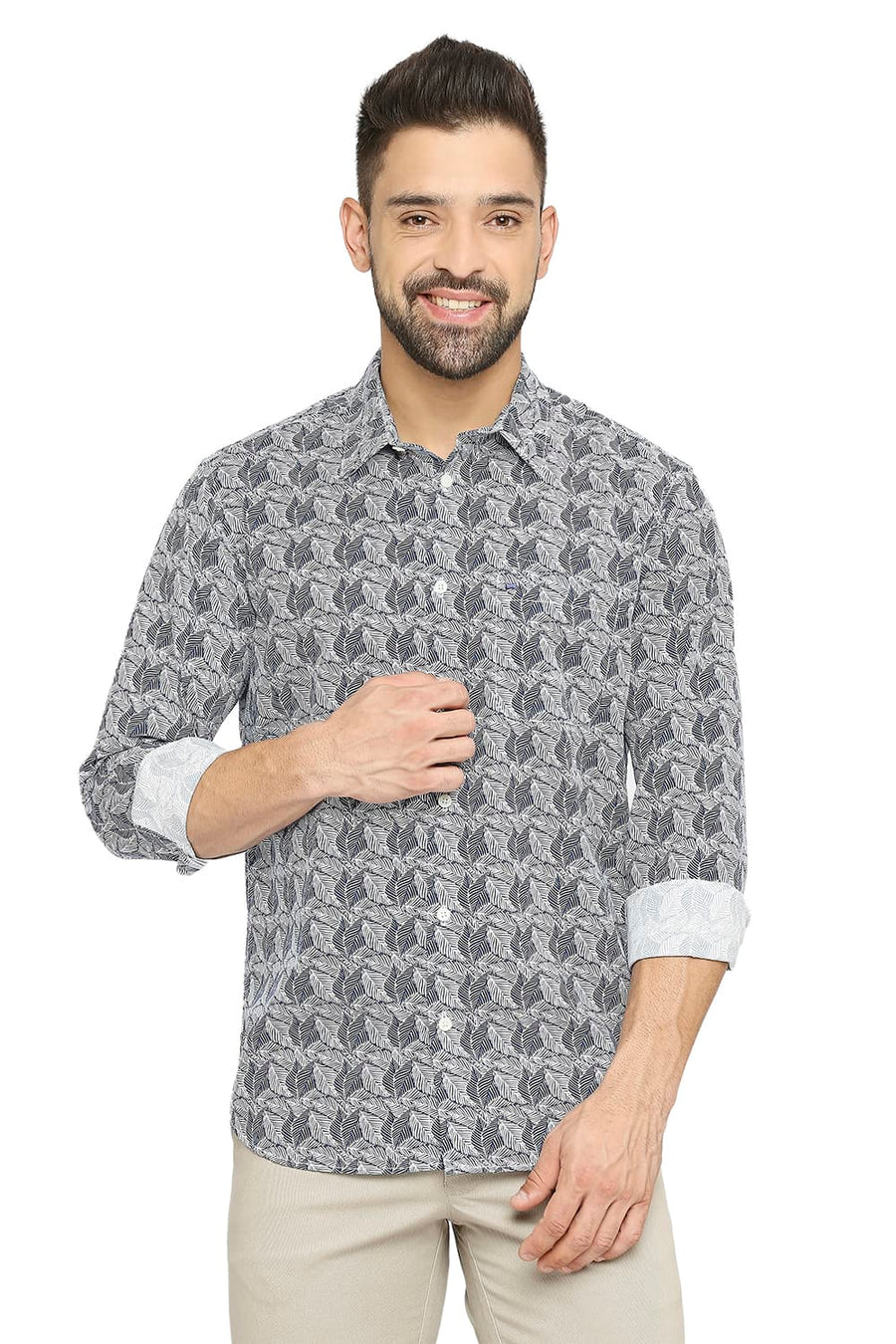 BASICS SLIM FIT INDIAN INK NAVY COTTON POPLIN PRINTED SHIRT