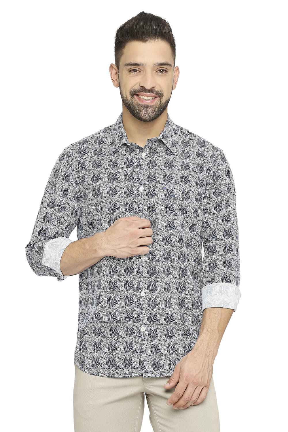 BASICS SLIM FIT COTTON POPLIN PRINTED SHIRT