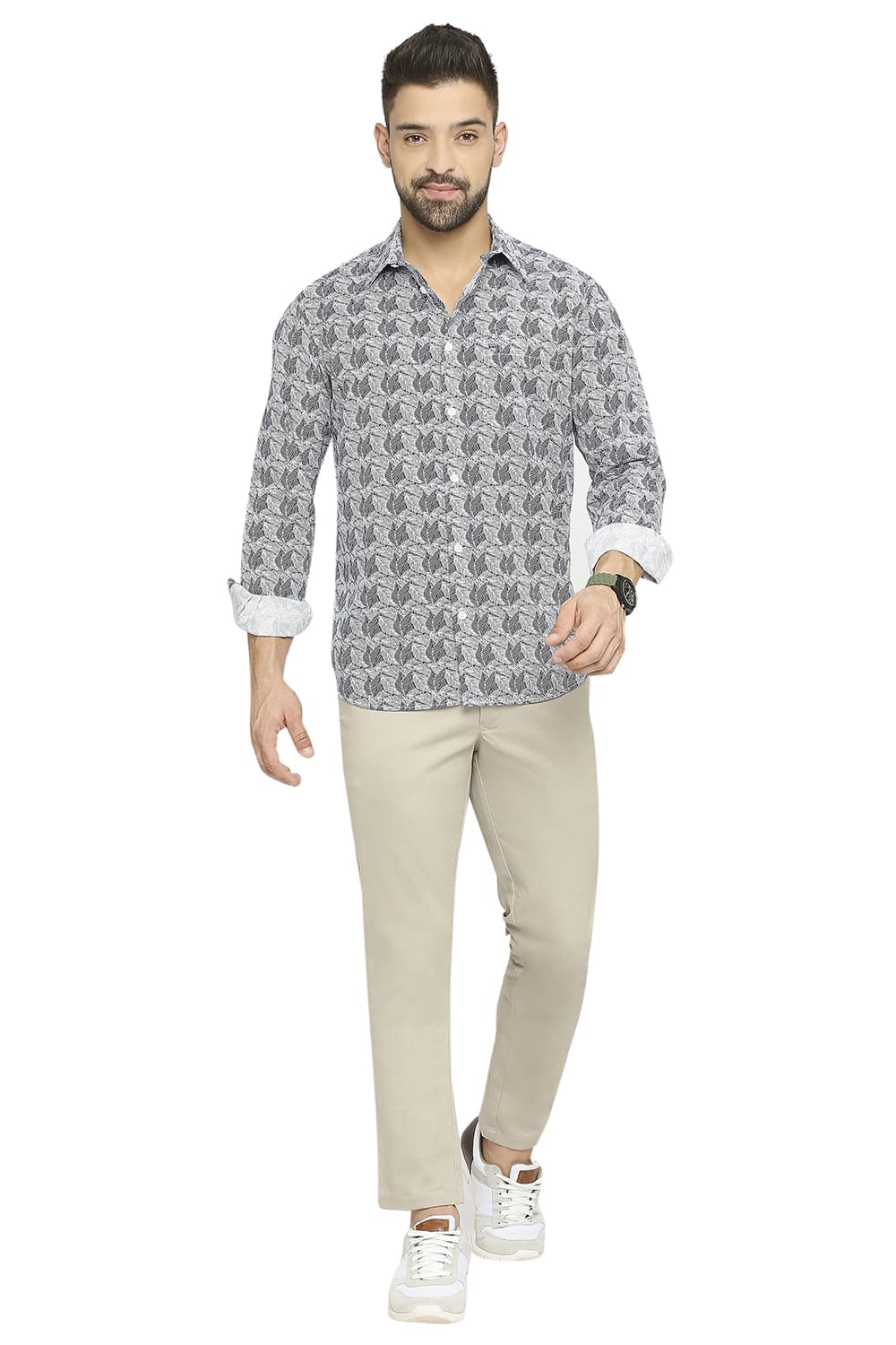 BASICS SLIM FIT COTTON POPLIN PRINTED SHIRT