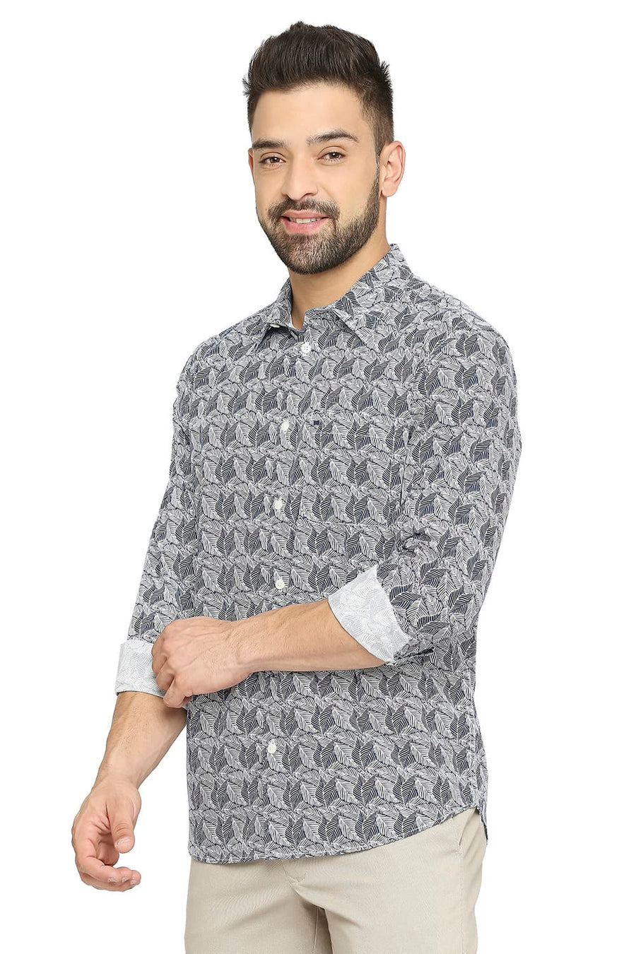BASICS SLIM FIT INDIAN INK NAVY COTTON POPLIN PRINTED SHIRT