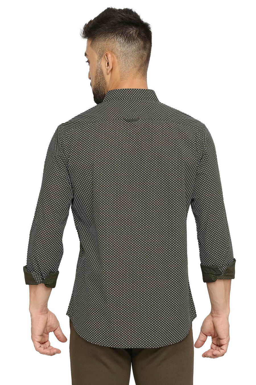 BASICS SLIM FIT CLOVER OLIVE COTTON POPLIN PRINTED SHIRT