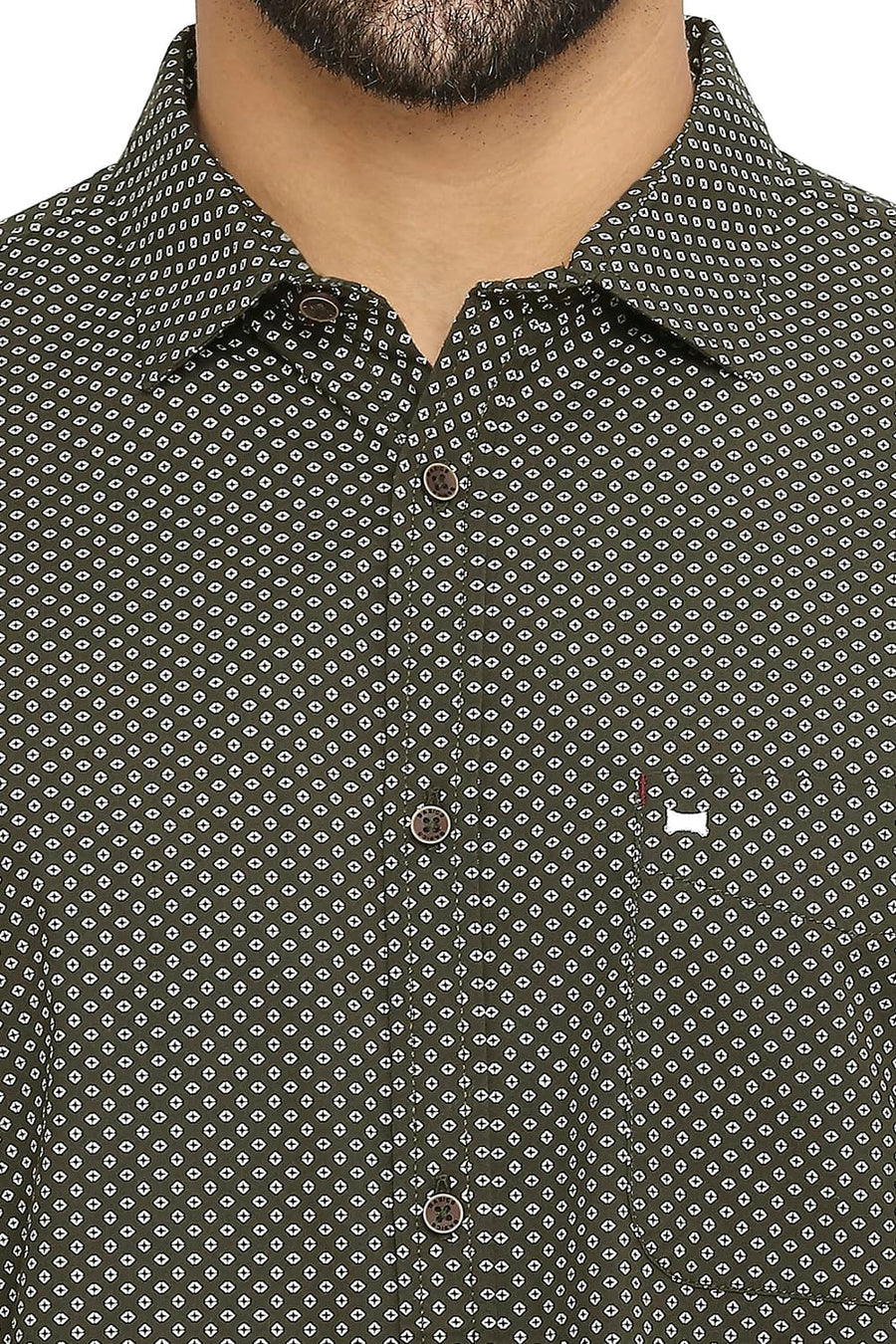 BASICS SLIM FIT CLOVER OLIVE COTTON POPLIN PRINTED SHIRT