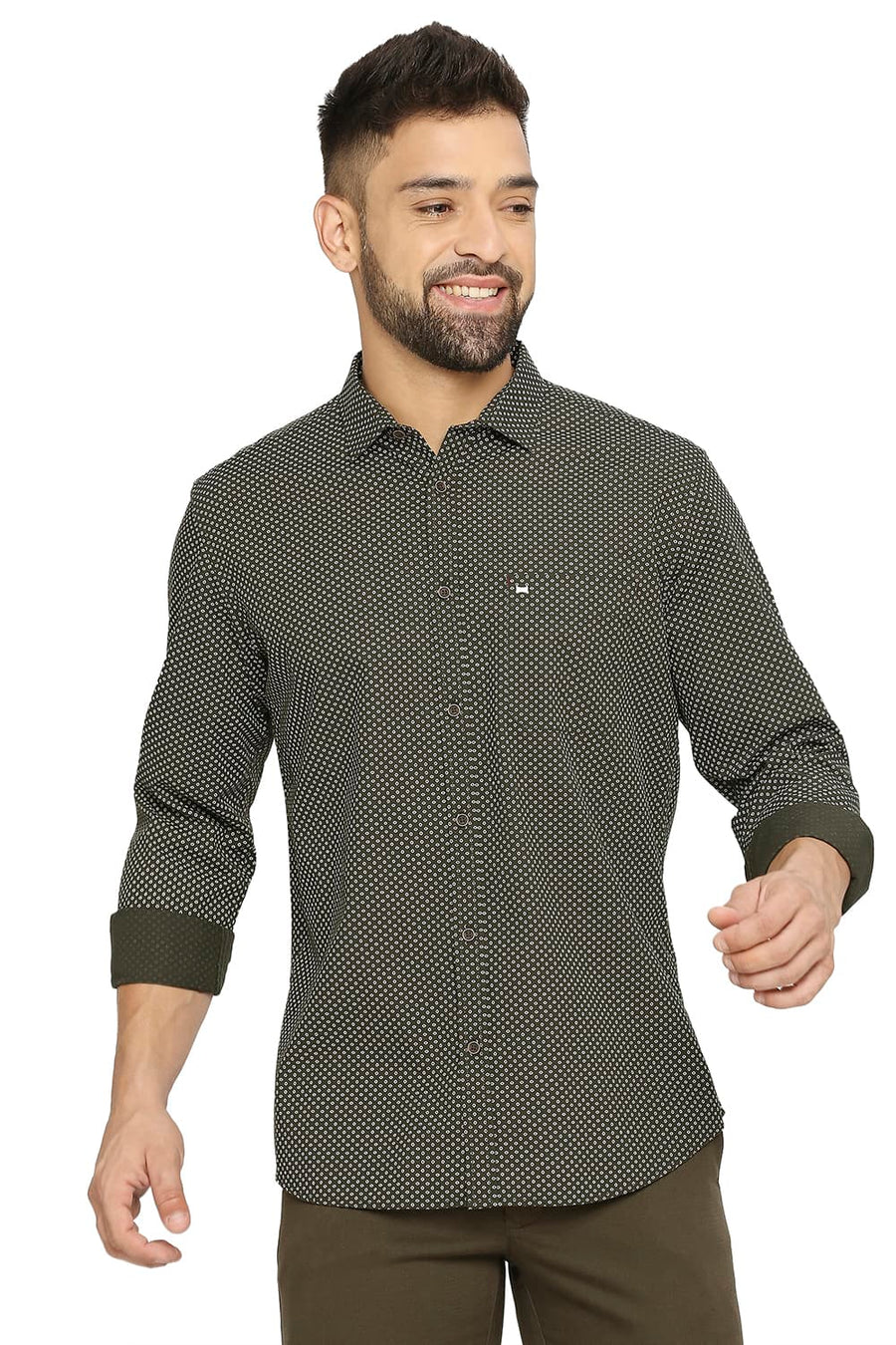 BASICS SLIM FIT CLOVER OLIVE COTTON POPLIN PRINTED SHIRT