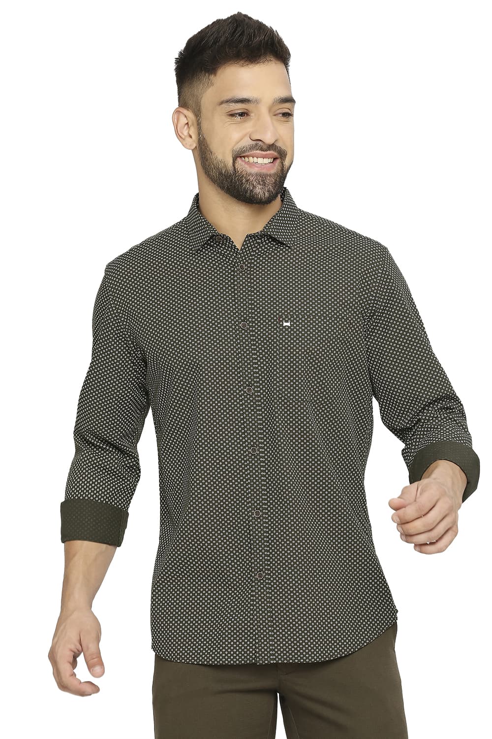 BASICS SLIM FIT COTTON POPLIN PRINTED SHIRT