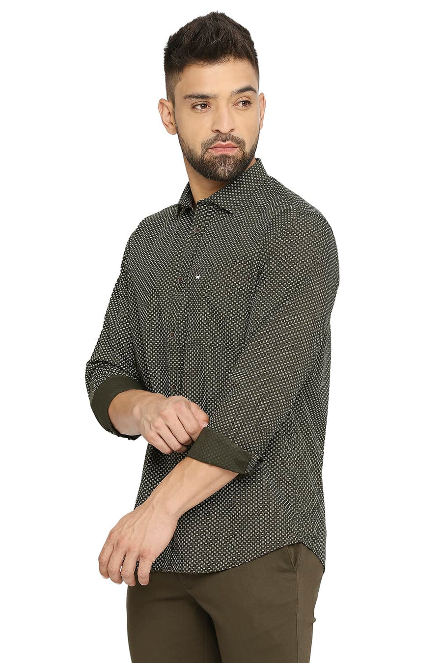 BASICS SLIM FIT CLOVER OLIVE COTTON POPLIN PRINTED SHIRT