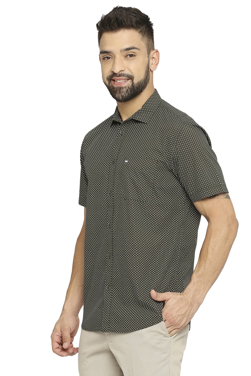 BASICS SLIM FIT COTTON POPLIN PRINTED HALFSLEEVES SHIRT