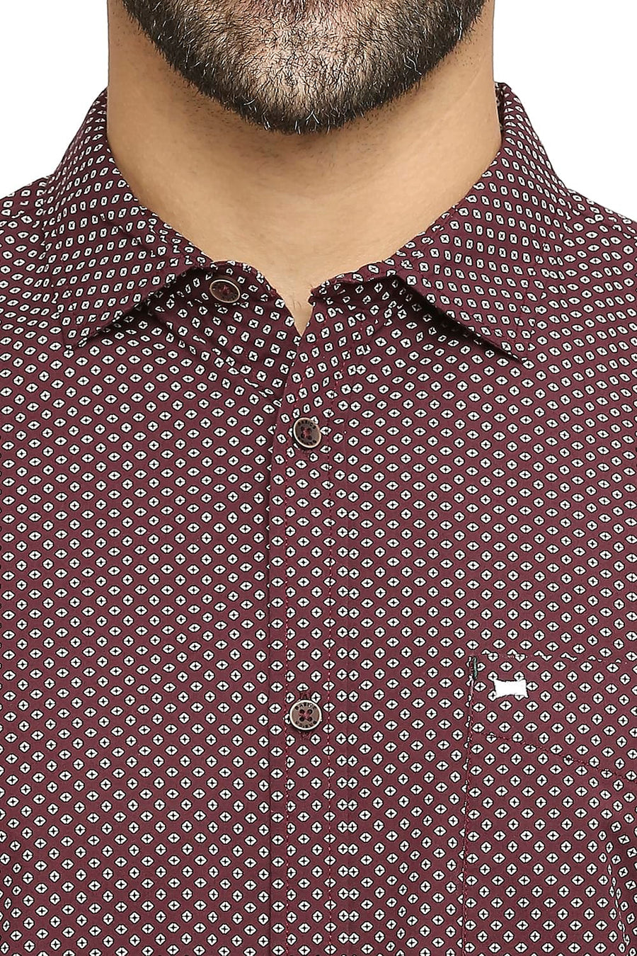 BASICS SLIM FIT ROYALE WINE COTTON POPLIN PRINTED SHIRT