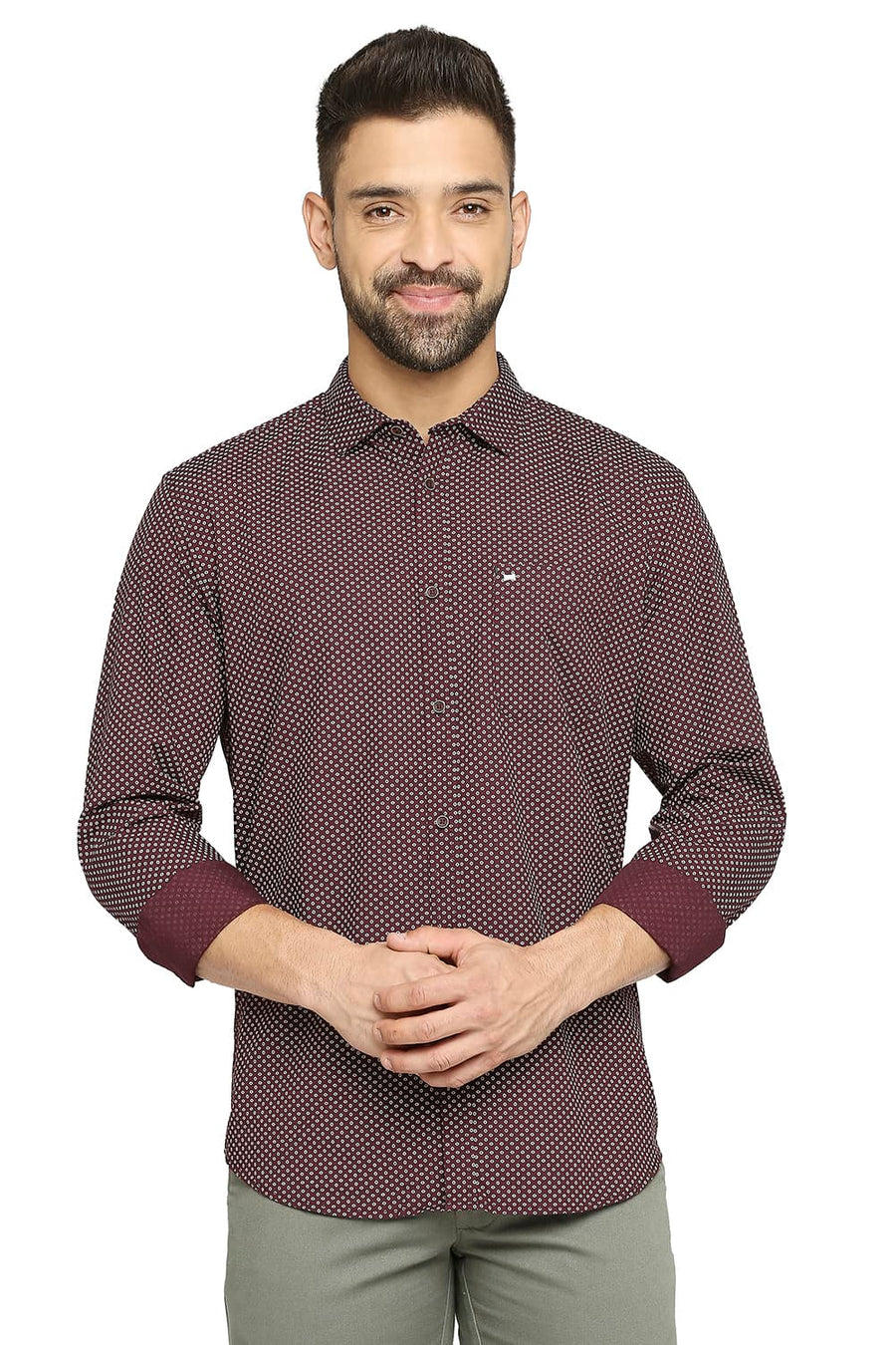 BASICS SLIM FIT ROYALE WINE COTTON POPLIN PRINTED SHIRT