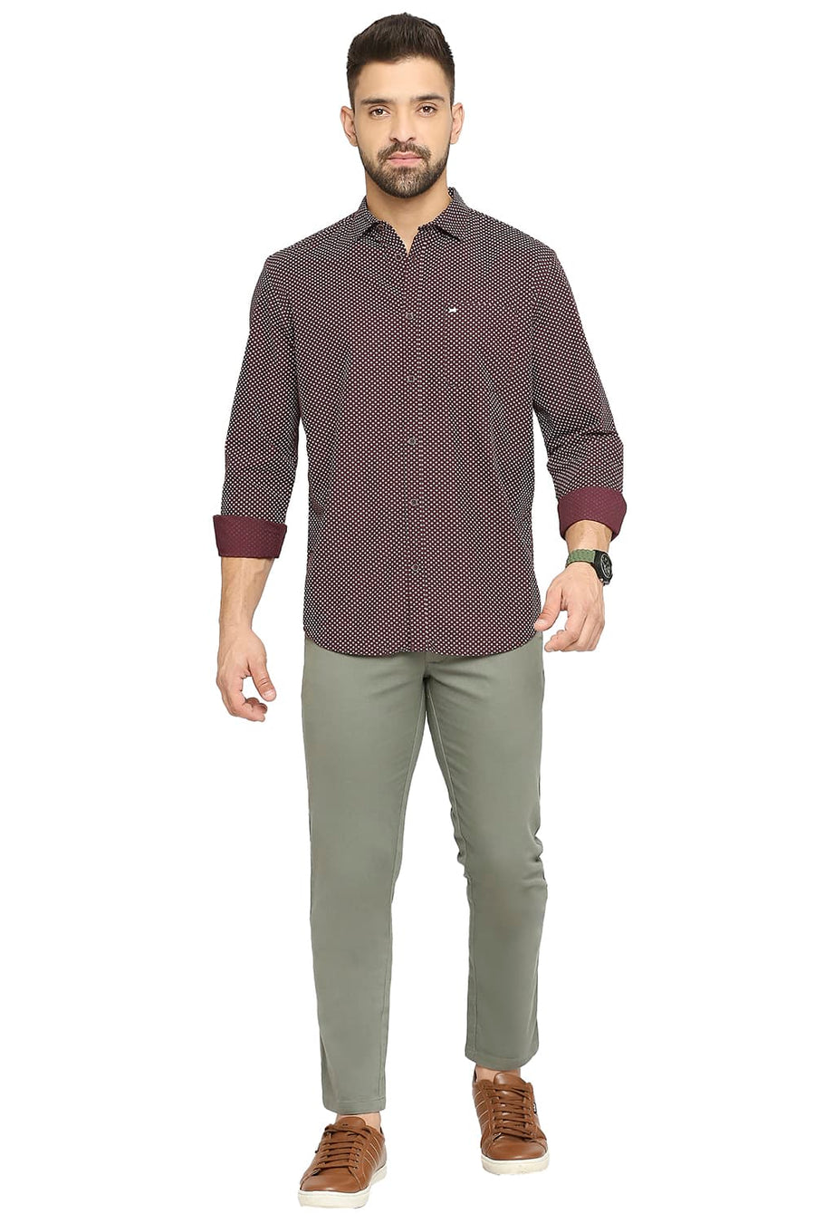 BASICS SLIM FIT ROYALE WINE COTTON POPLIN PRINTED SHIRT