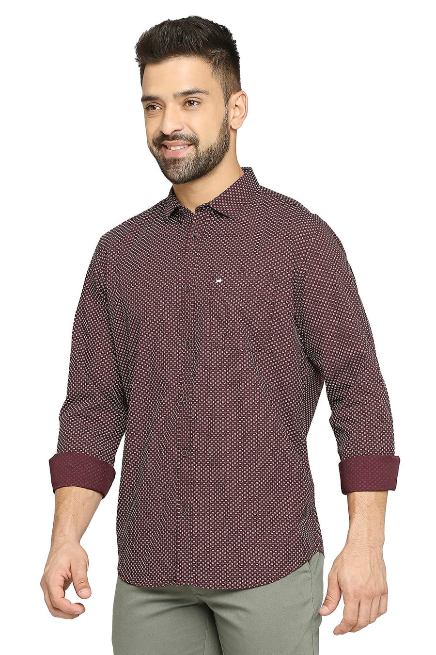 BASICS SLIM FIT ROYALE WINE COTTON POPLIN PRINTED SHIRT