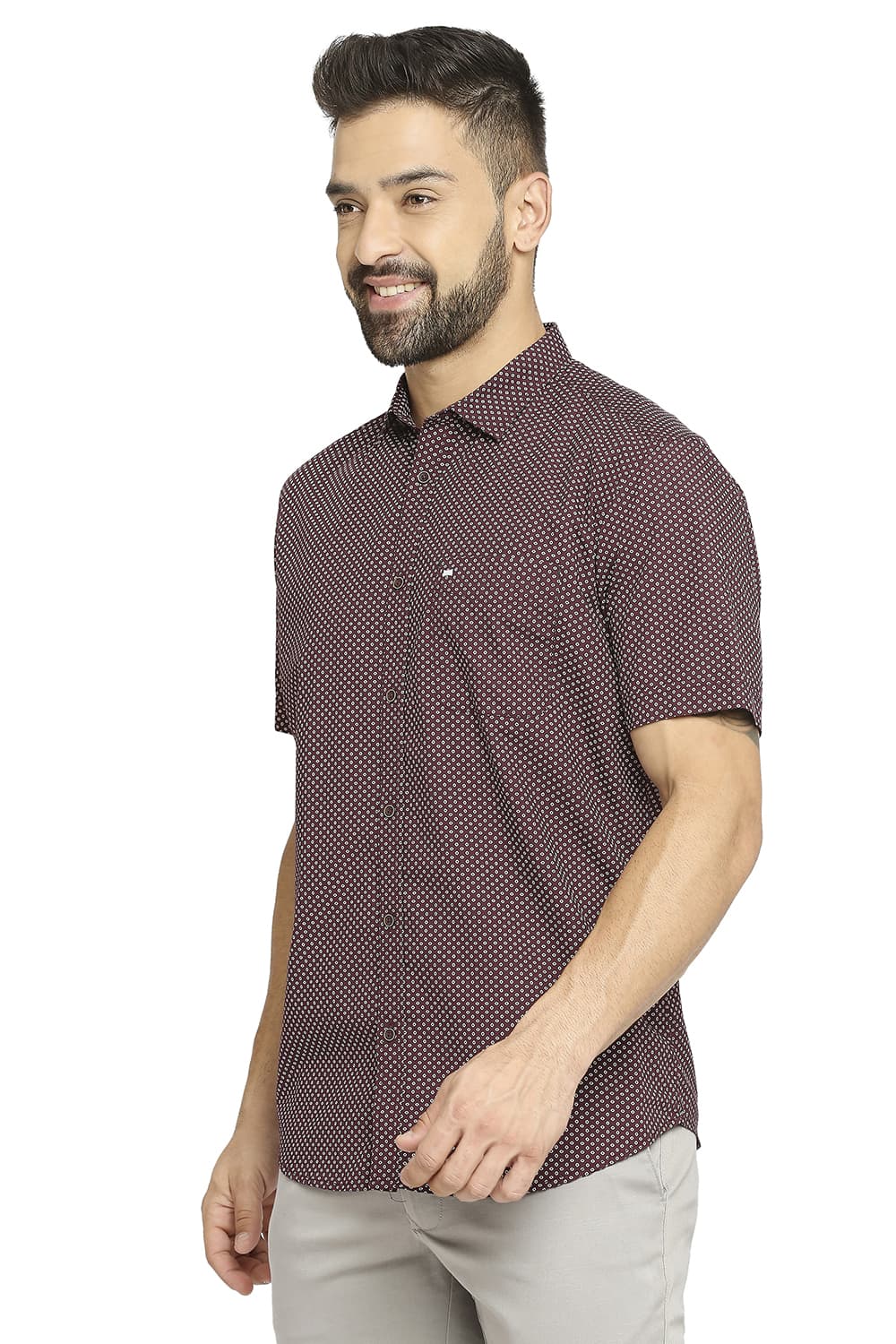 BASICS SLIM FIT COTTON POPLIN PRINTED HALFSLEEVES SHIRT