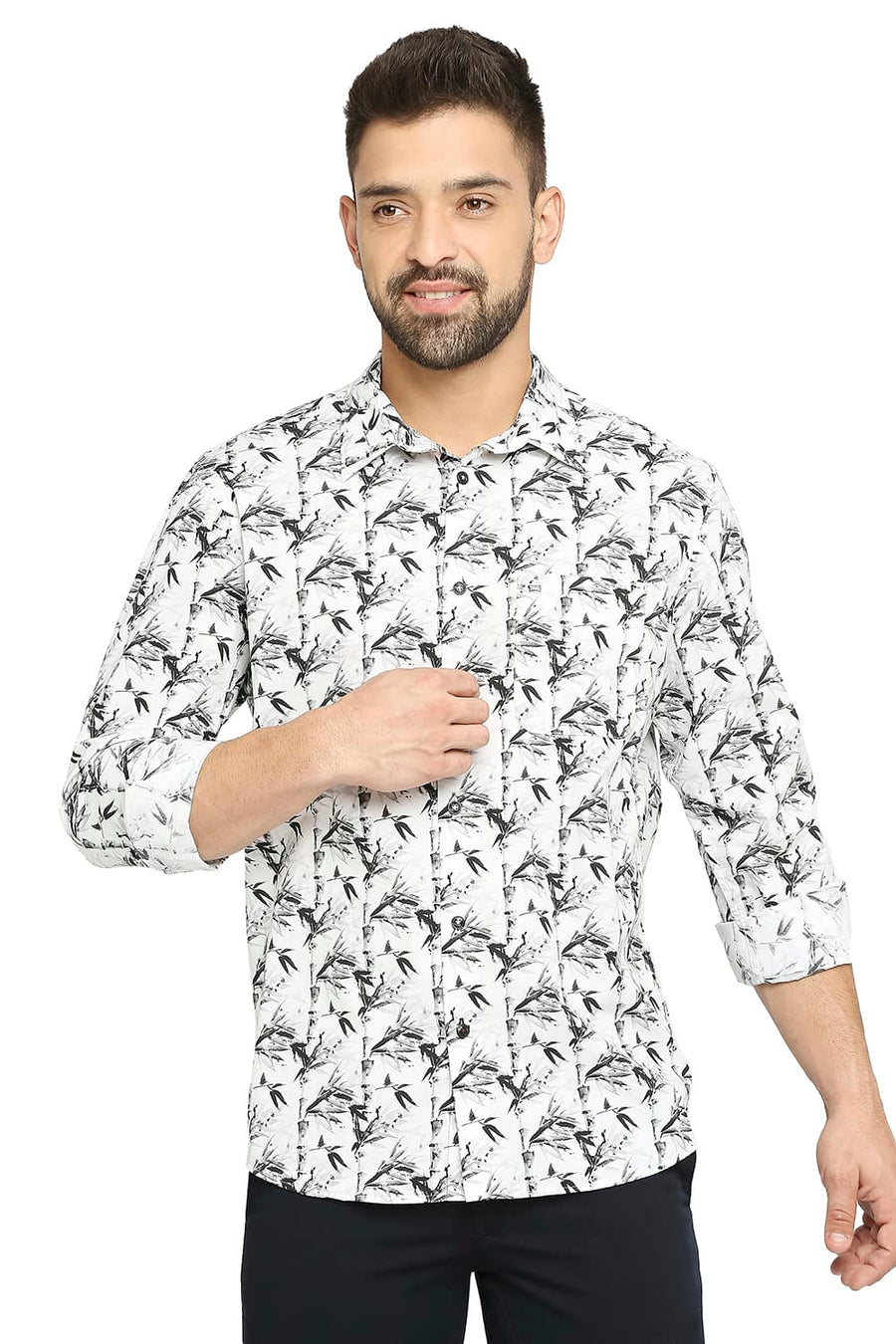 BASICS SLIM FIT GRAPHITE GREY COTTON POPLIN DIGITAL PRINTED SHIRT