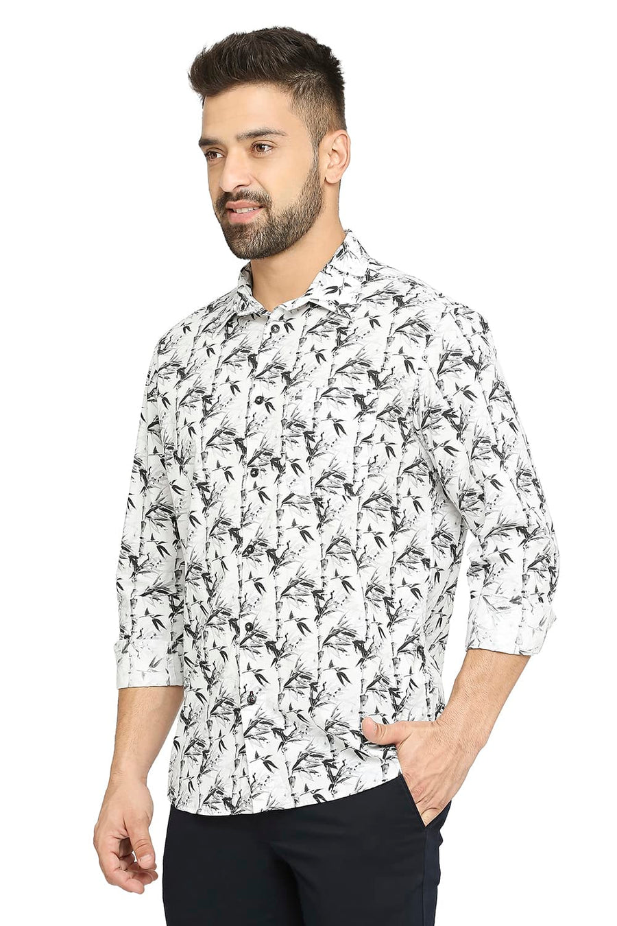 BASICS SLIM FIT GRAPHITE GREY COTTON POPLIN DIGITAL PRINTED SHIRT