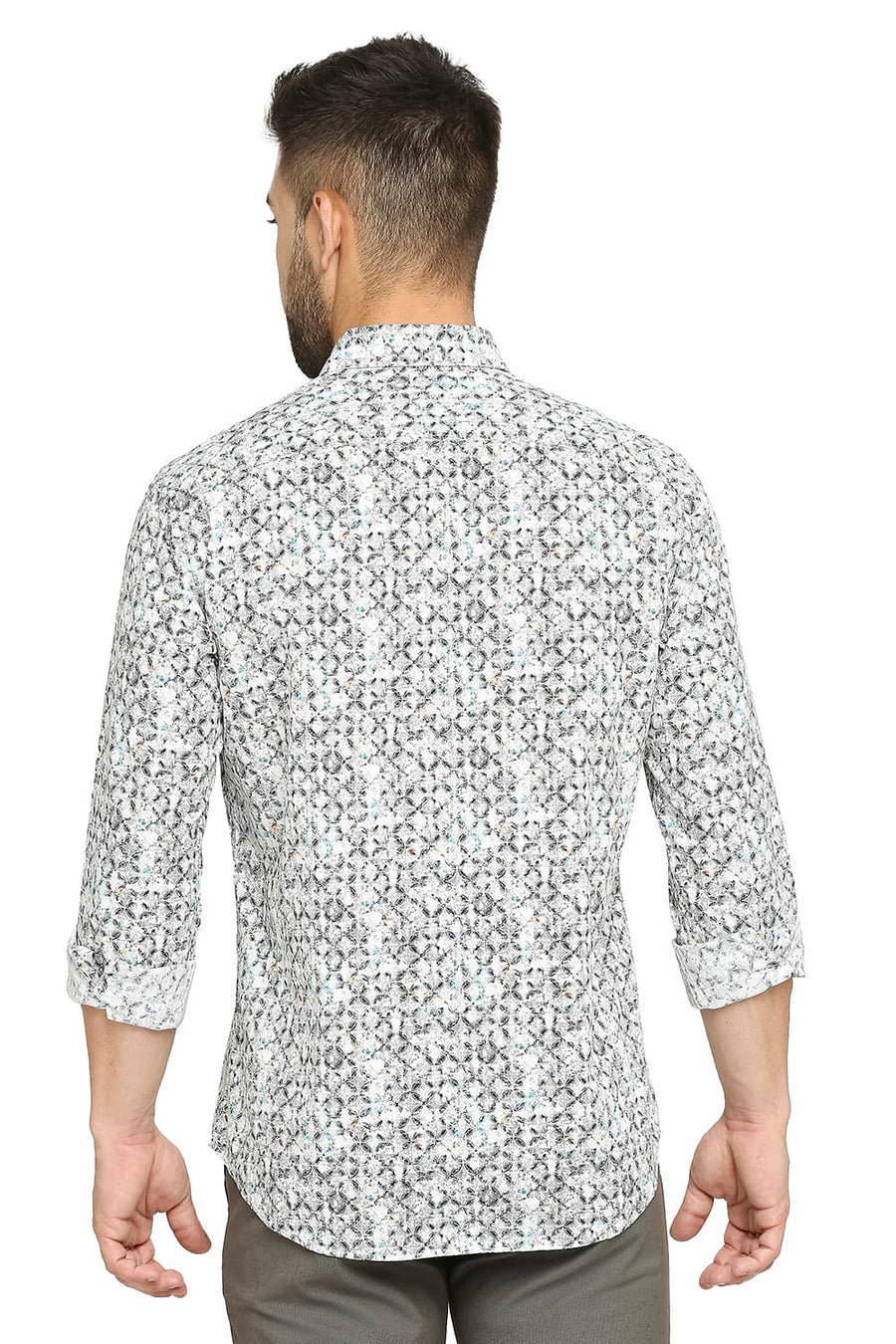 BASICS SLIM FIT TORNADO GREY COTTON POPLIN DIGITAL PRINTED SHIRT