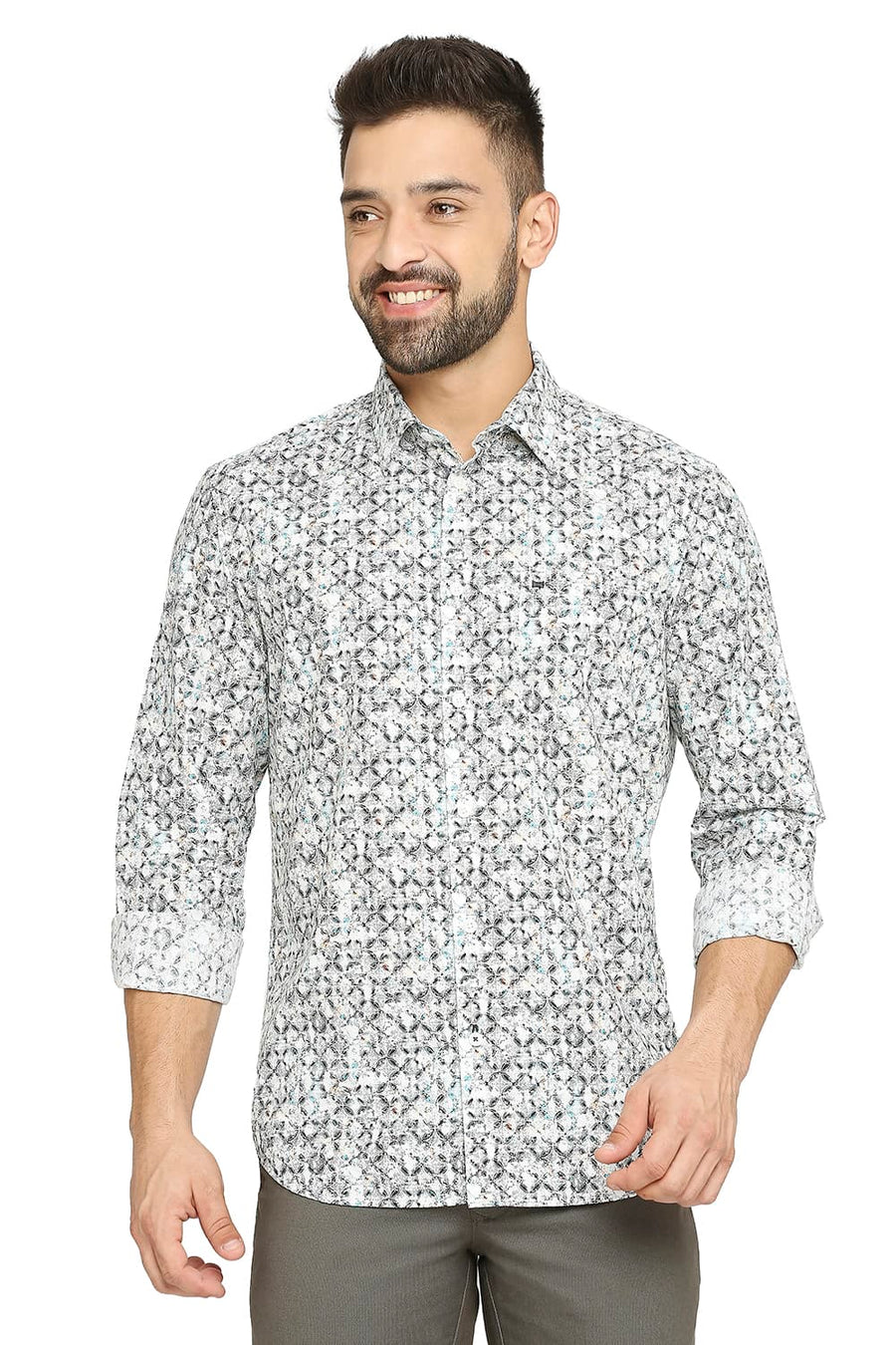 BASICS SLIM FIT TORNADO GREY COTTON POPLIN DIGITAL PRINTED SHIRT