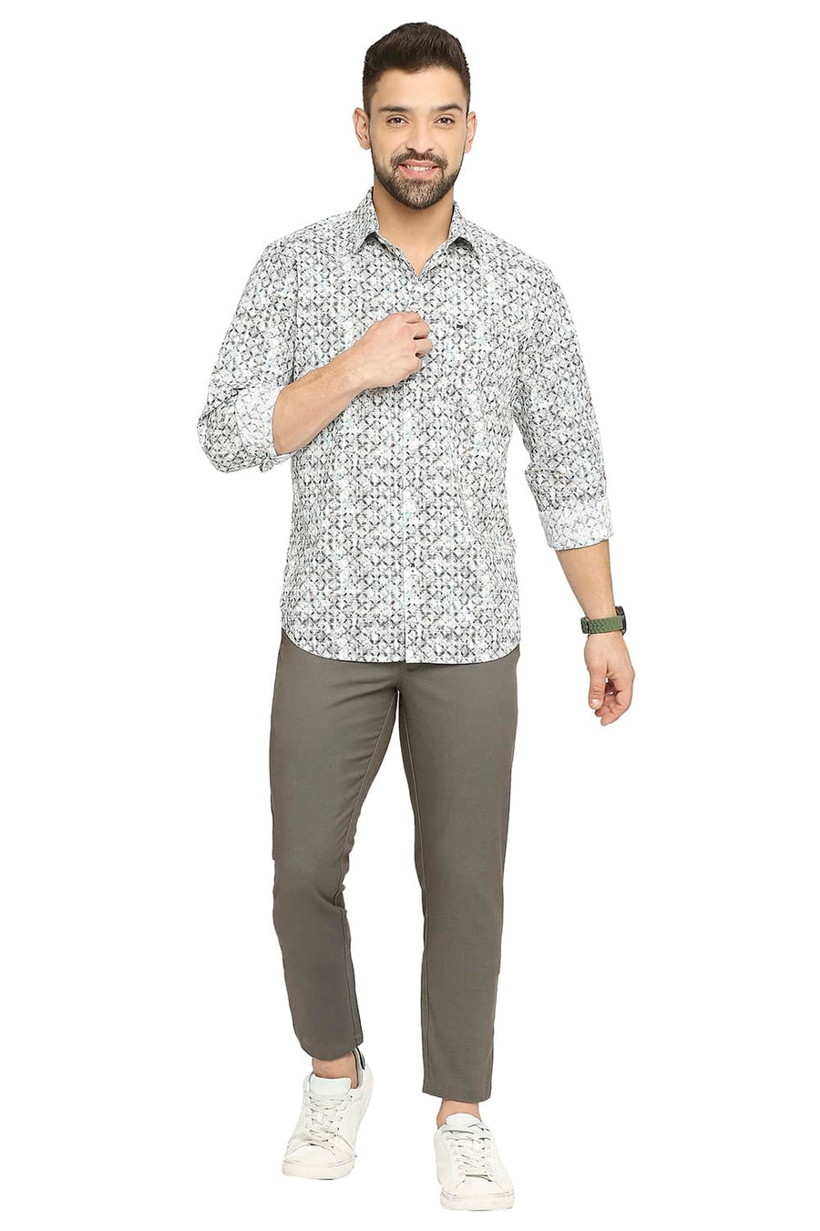BASICS SLIM FIT TORNADO GREY COTTON POPLIN DIGITAL PRINTED SHIRT
