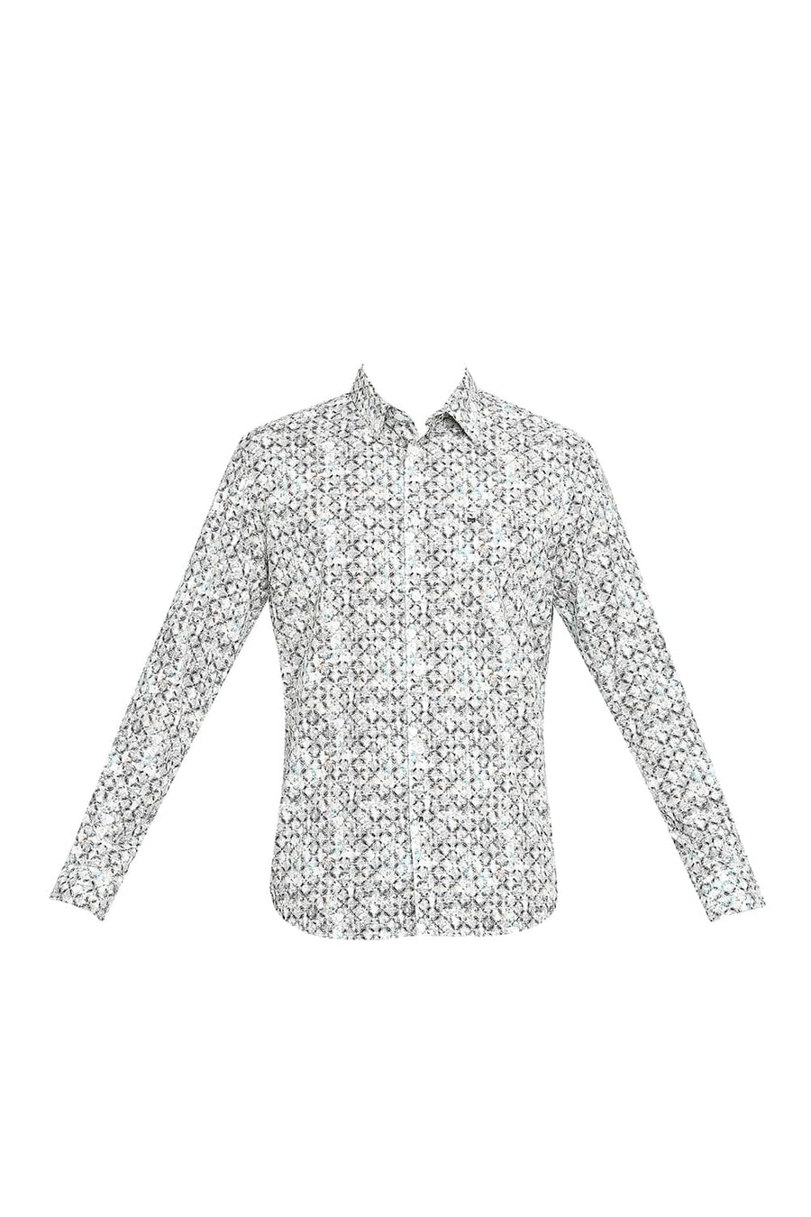 BASICS SLIM FIT TORNADO GREY COTTON POPLIN DIGITAL PRINTED SHIRT