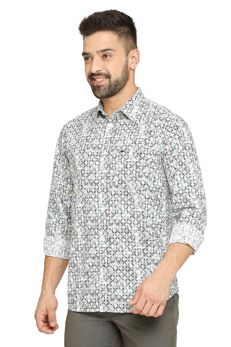 BASICS SLIM FIT TORNADO GREY COTTON POPLIN DIGITAL PRINTED SHIRT