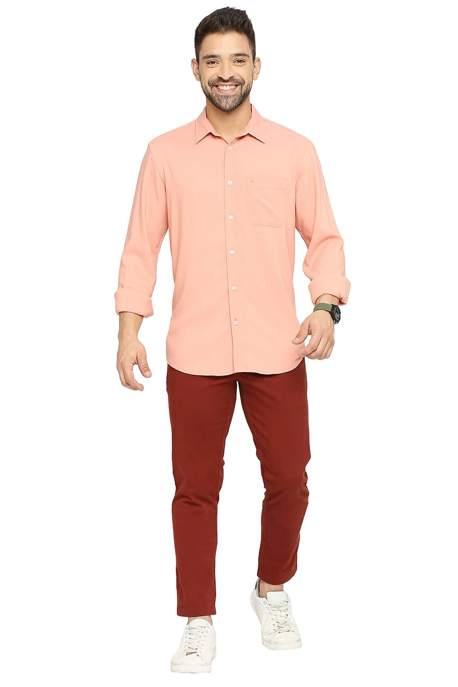 BASICS SLIM FIT PEACH FUZZ VISCOSE POLYESTER STRETCH TWILL SHIRT