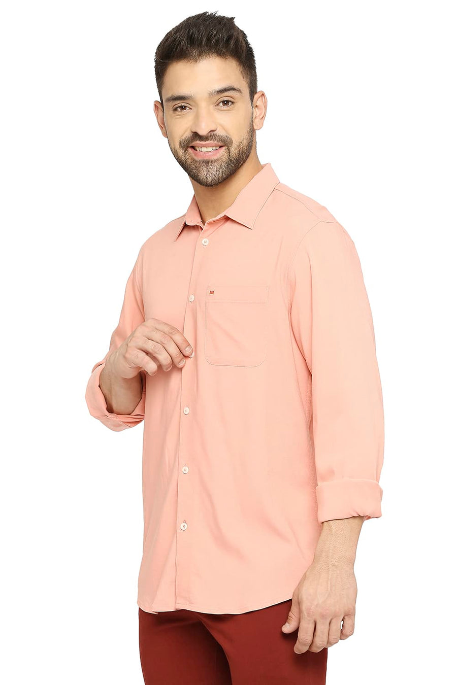 BASICS SLIM FIT PEACH FUZZ VISCOSE POLYESTER STRETCH TWILL SHIRT