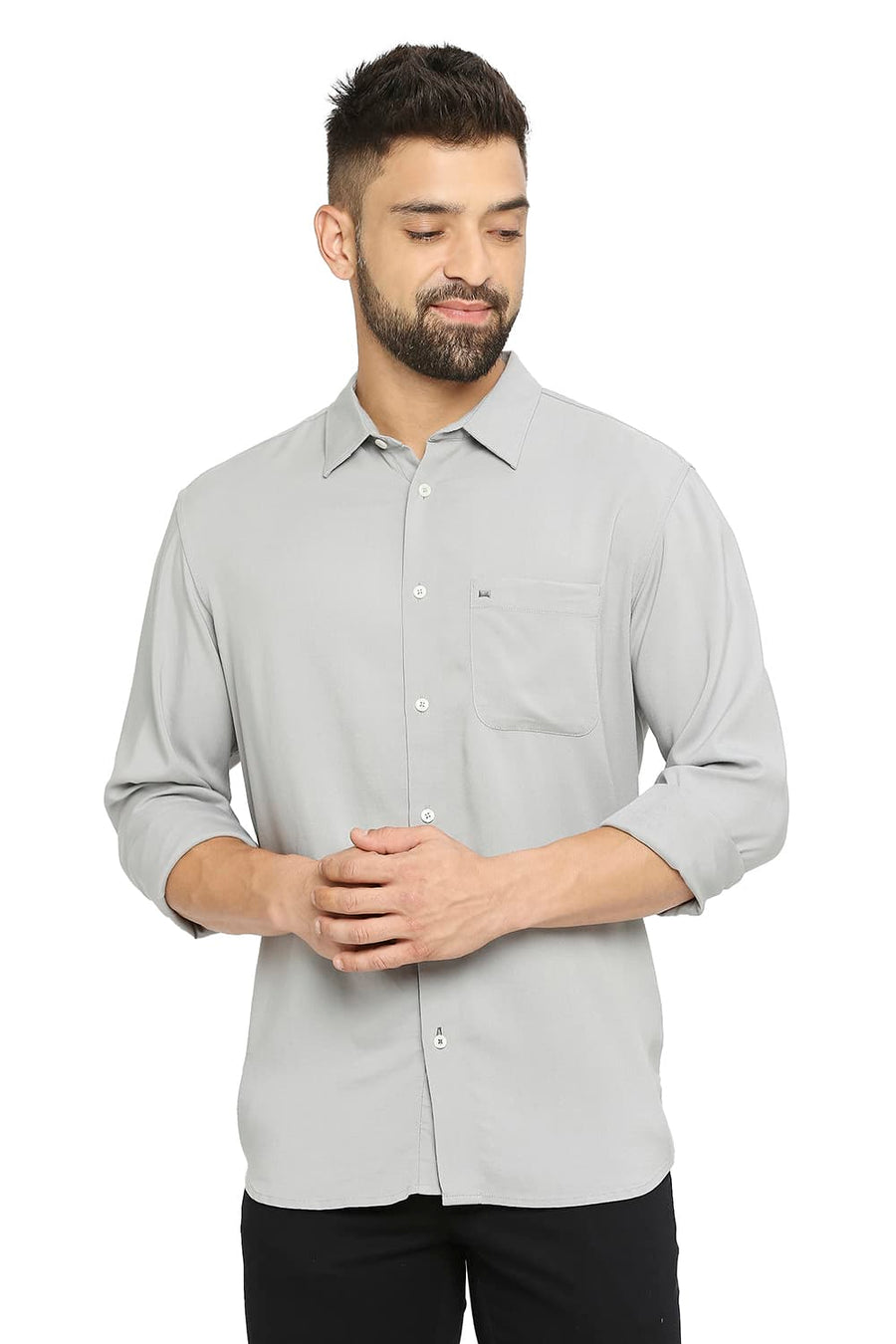 BASICS SLIM FIT GREY DRIZZLE VISCOSE POLYESTER STRETCH TWILL SHIRT