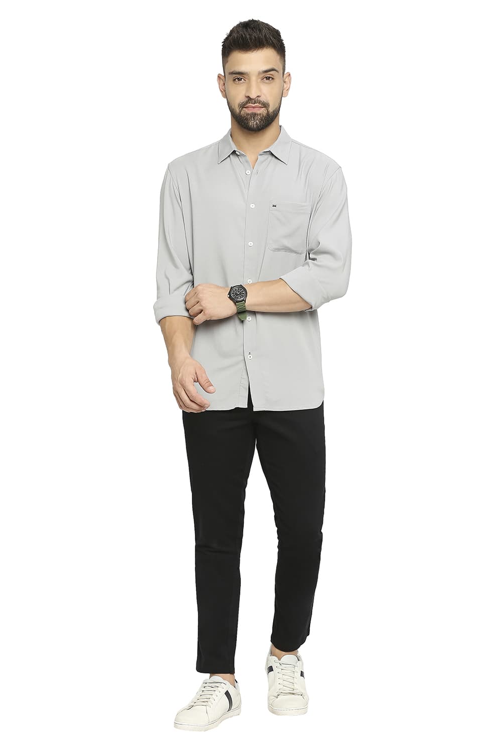 BASICS SLIM FIT VISCOSE POLYESTER STRETCH TWILL SHIRT